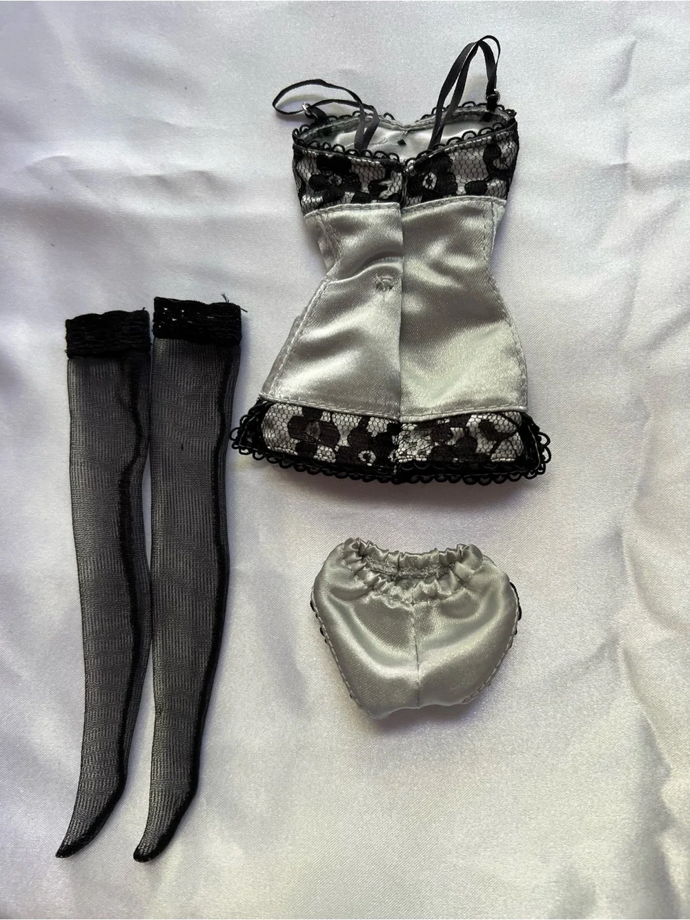 Barbie Silver & Black Lace Lingerie Doll Outfit with Stockings